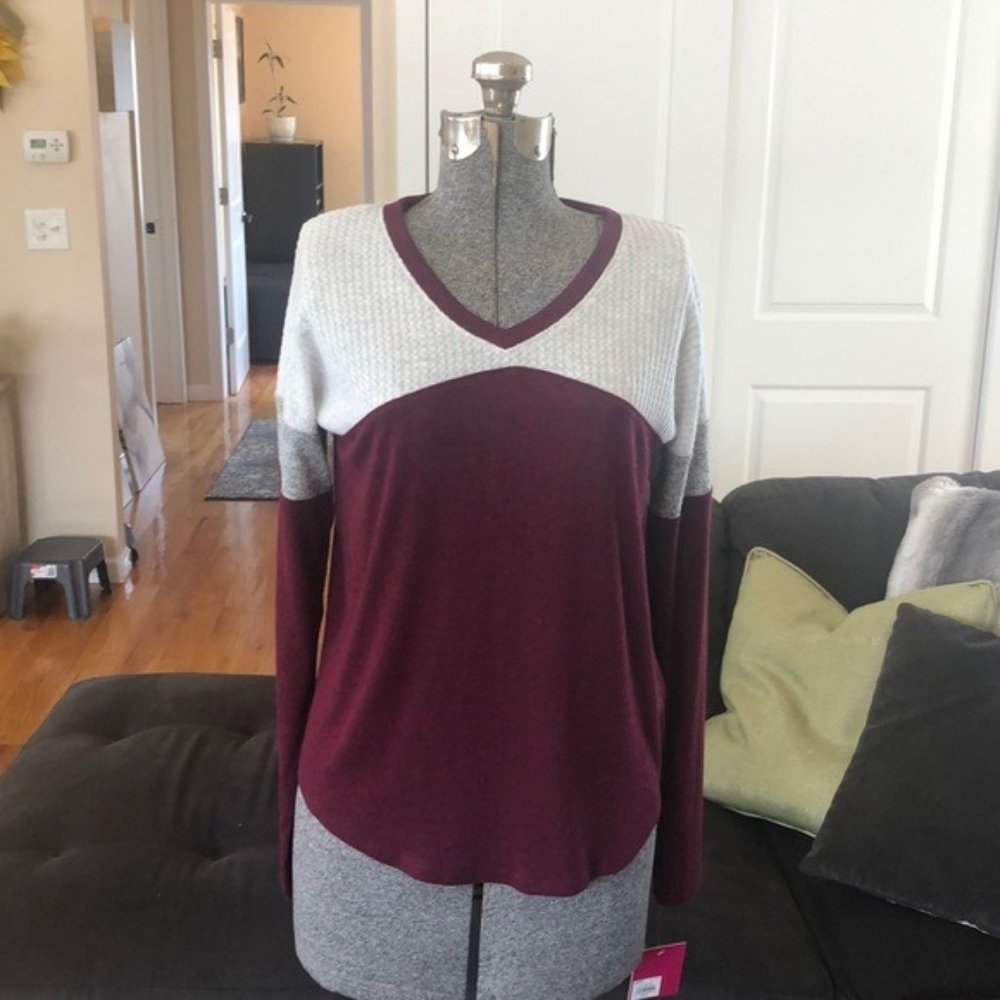Small Long sleeve burgundy and white long sleeve  soft v neck top
